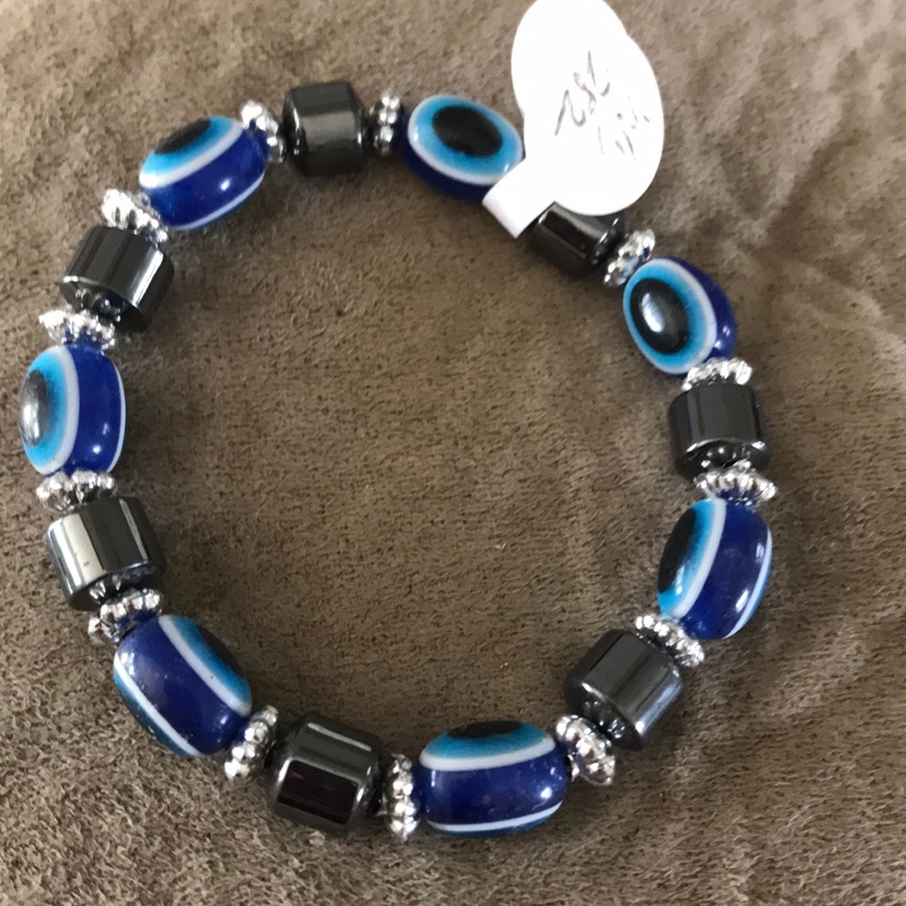 Blue bead and Hematite Evil Eye Bracelet